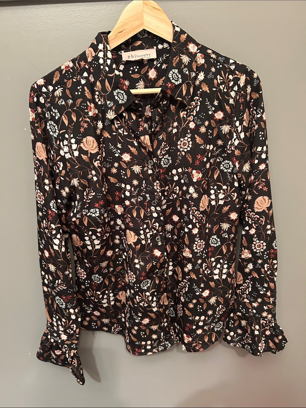 Philosophy Black Floral Button-Down Blouse with Pink & Cream Accents